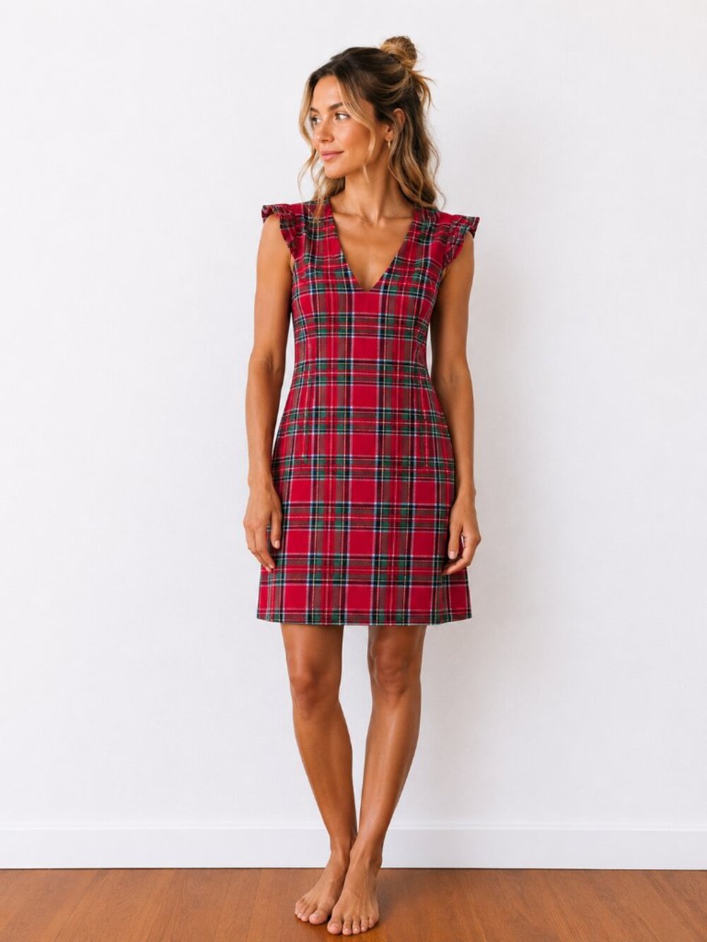 Vineyard Vines Red and Green Plaid V-Neck Midi Dress